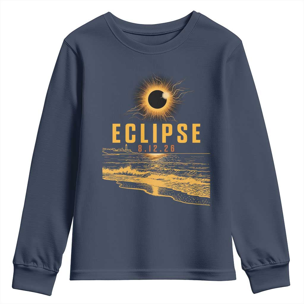 Total Solar Eclipse August 12 2026 Celestial Totality Youth Sweatshirt Ocean Beach View Astronomy Souvenir TS02 Navy Print Your Wear