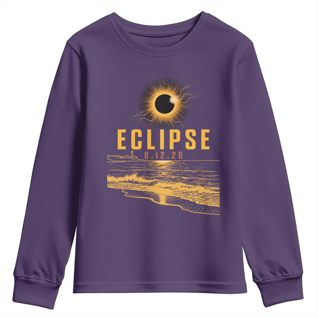 Total Solar Eclipse August 12 2026 Celestial Totality Youth Sweatshirt Ocean Beach View Astronomy Souvenir TS02 Purple Print Your Wear