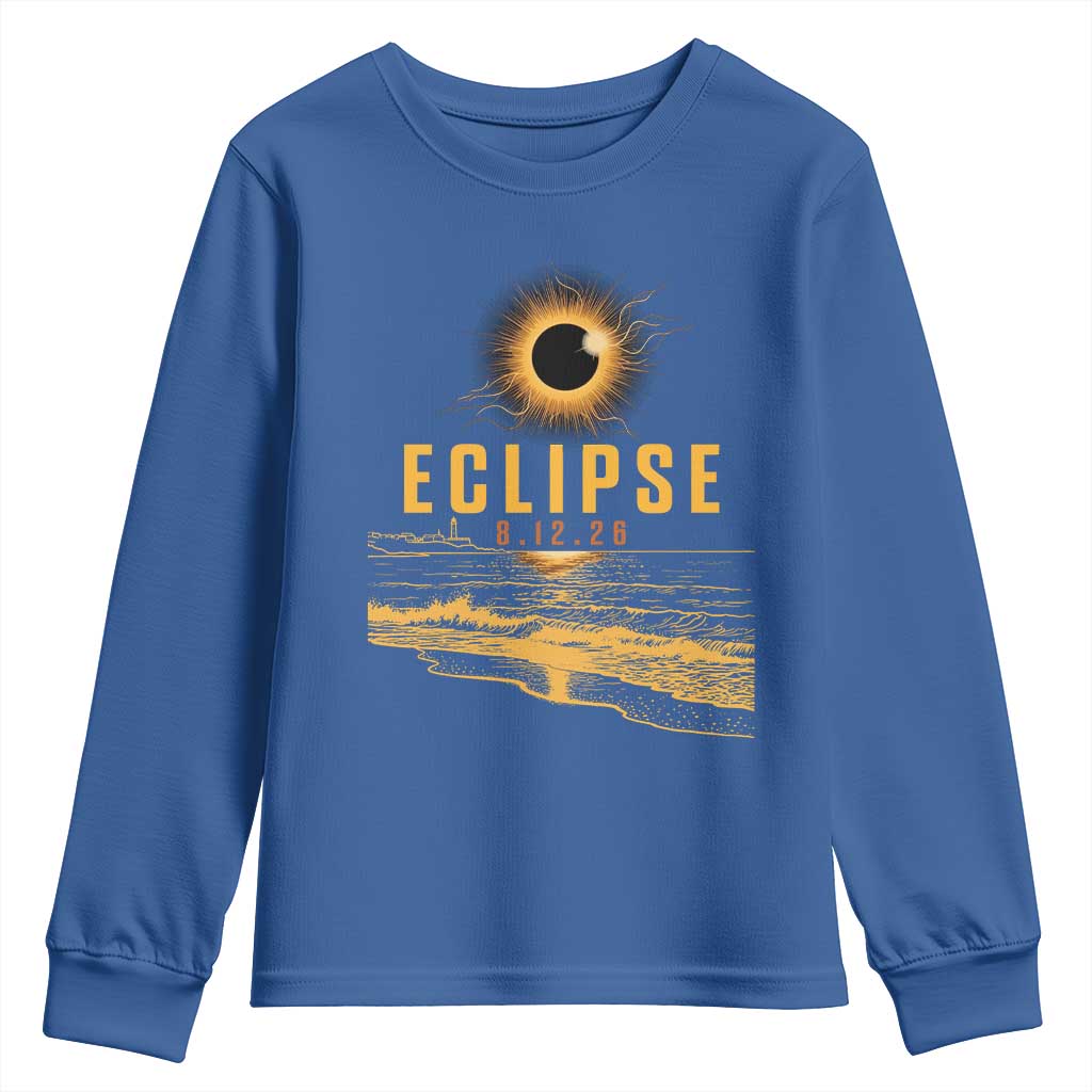 Total Solar Eclipse August 12 2026 Celestial Totality Youth Sweatshirt Ocean Beach View Astronomy Souvenir TS02 Royal Blue Print Your Wear