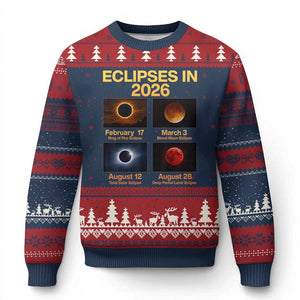 Eclipses in 2026 Celestial Calendar Infographic Ugly Christmas Sweater Space Nerd Astronomy Gift Astrology Lover TS02 Navy Red Print Your Wear