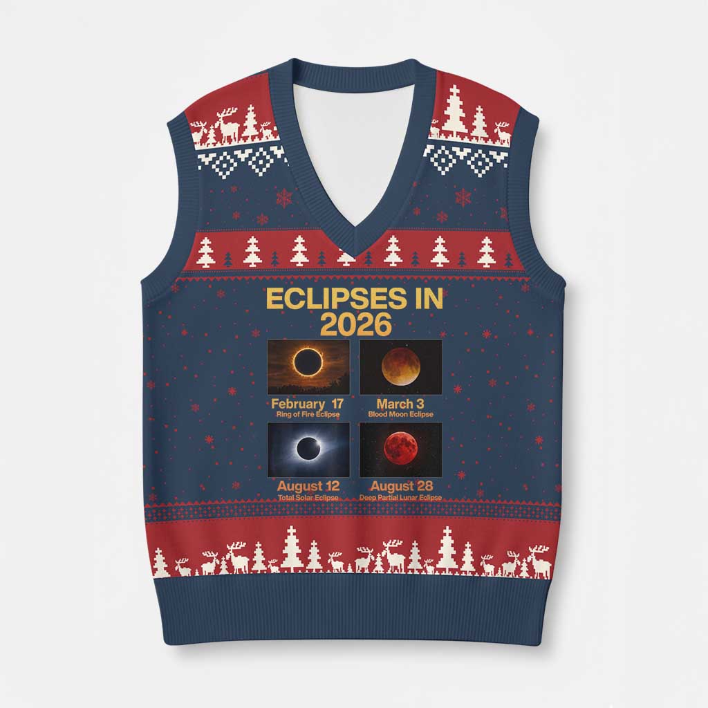 Eclipses in 2026 Celestial Calendar Infographic V-Neck Knit Sweater Vest Space Nerd Astronomy Gift Astrology Lover TS02 Navy Red Print Your Wear