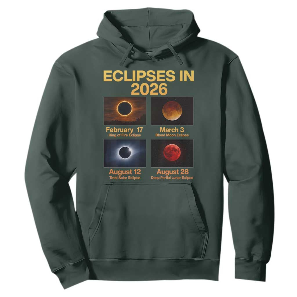 Eclipses in 2026 Celestial Calendar Infographic Hoodie Space Nerd Astronomy Gift Astrology Lover TS02 Dark Forest Green Print Your Wear