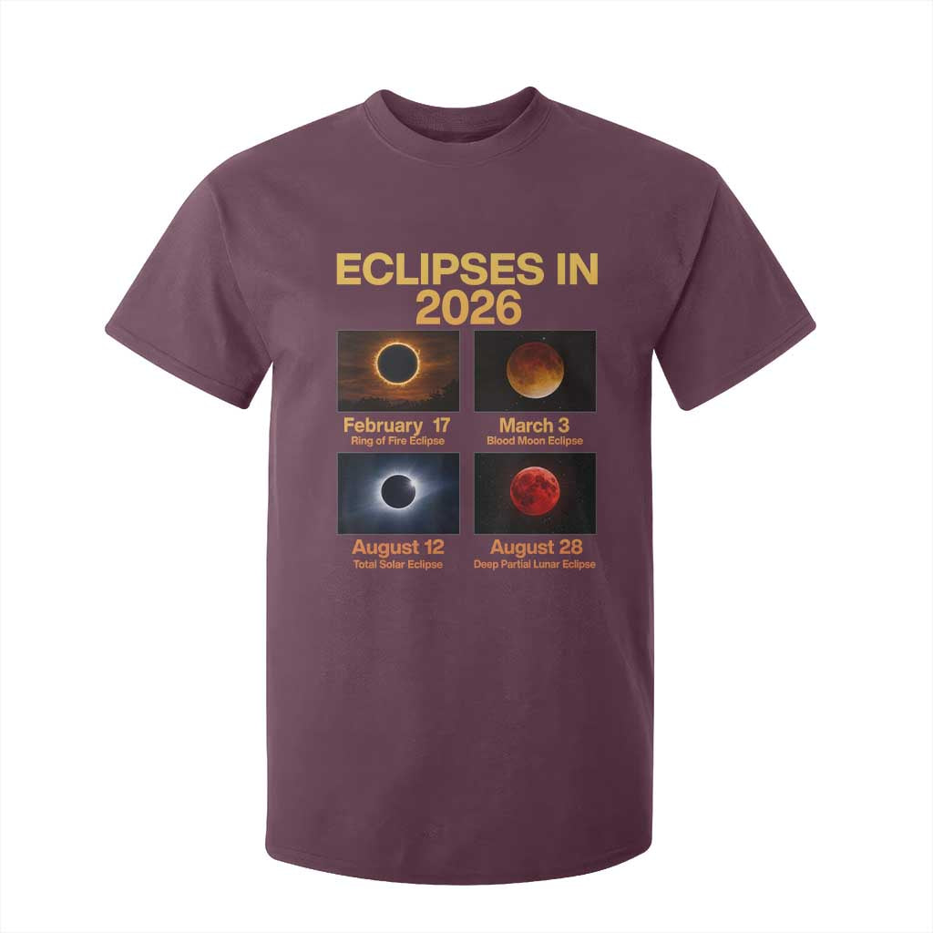 Eclipses in 2026 Celestial Calendar Infographic T Shirt For Kid Space Nerd Astronomy Gift Astrology Lover TS02 Maroon Print Your Wear