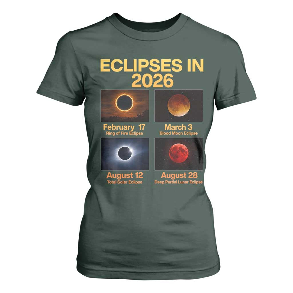 Eclipses in 2026 Celestial Calendar Infographic T Shirt For Women Space Nerd Astronomy Gift Astrology Lover TS02 Dark Forest Green Print Your Wear