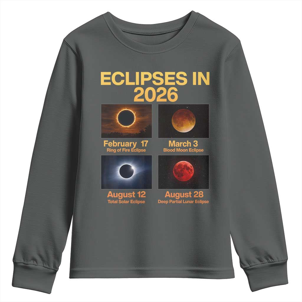 Eclipses in 2026 Celestial Calendar Infographic Youth Sweatshirt Space Nerd Astronomy Gift Astrology Lover TS02 Dark Heather Print Your Wear