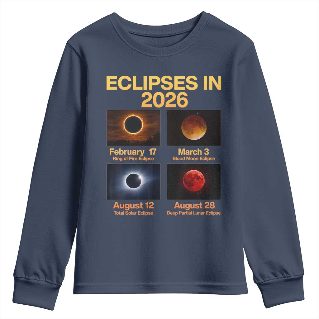 Eclipses in 2026 Celestial Calendar Infographic Youth Sweatshirt Space Nerd Astronomy Gift Astrology Lover TS02 Navy Print Your Wear