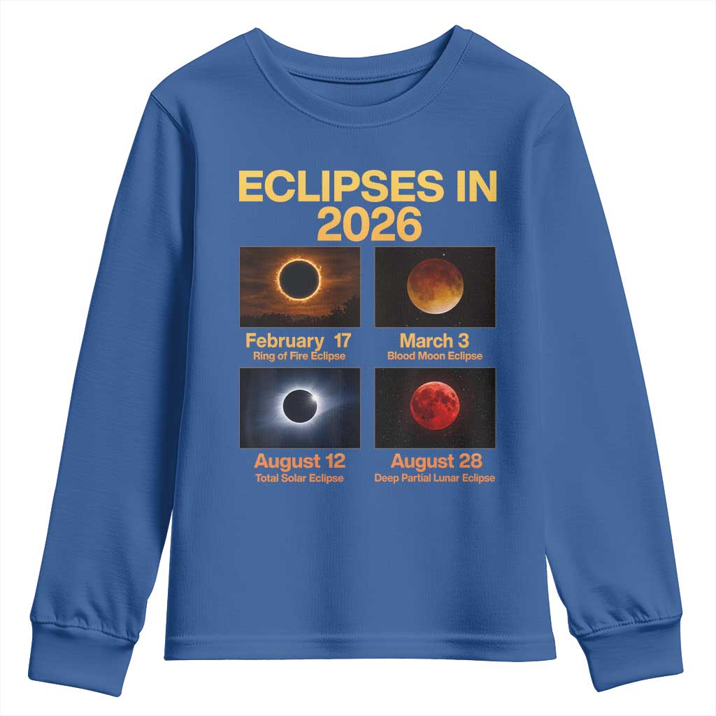 Eclipses in 2026 Celestial Calendar Infographic Youth Sweatshirt Space Nerd Astronomy Gift Astrology Lover TS02 Royal Blue Print Your Wear