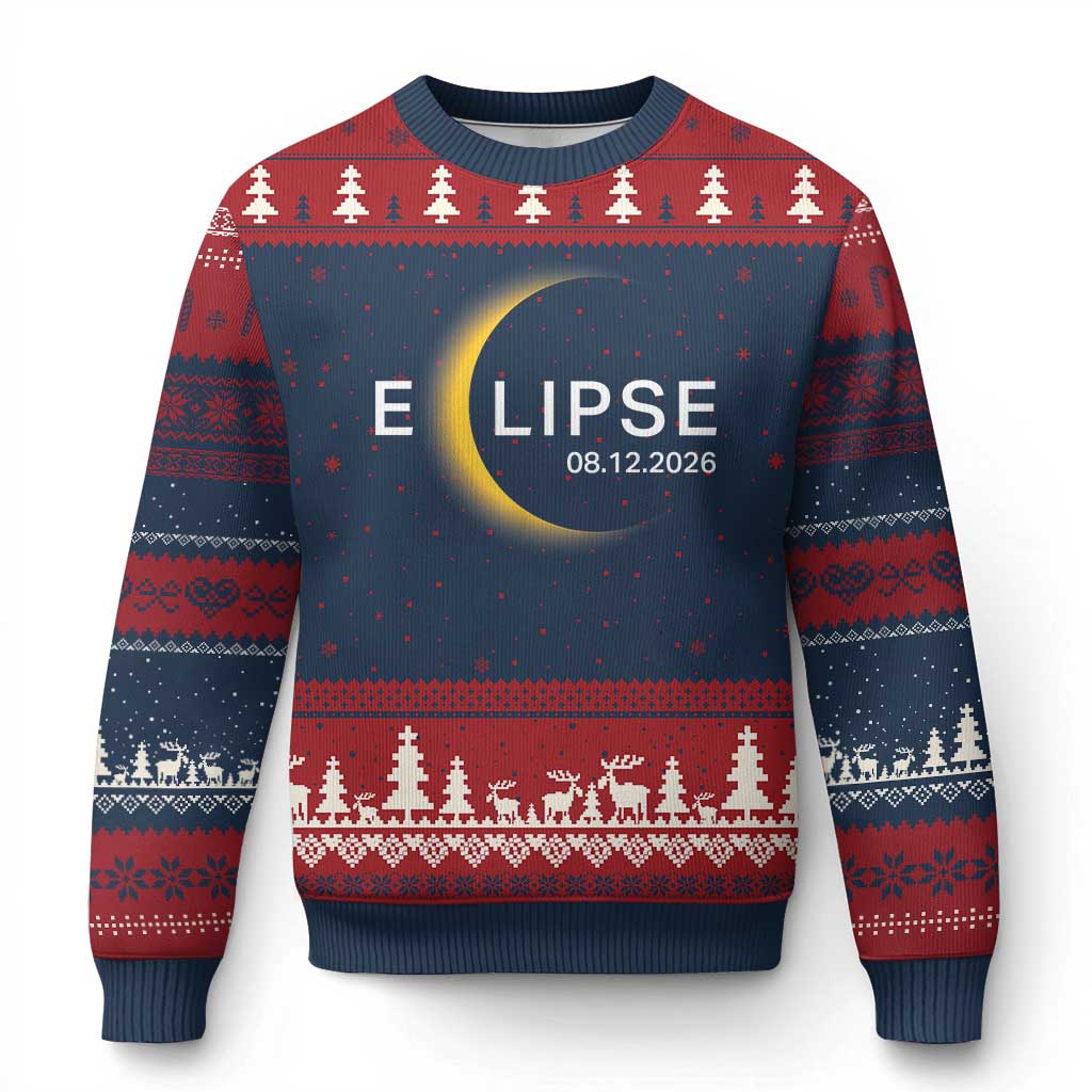 Minimalist 2026 Total Solar Eclipse Ugly Christmas Sweater August 12 Totality Astronomy Souvenir TS02 Navy Red Print Your Wear