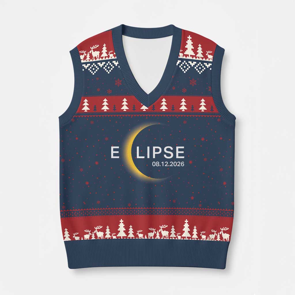 Minimalist 2026 Total Solar Eclipse V-Neck Knit Sweater Vest August 12 Totality Astronomy Souvenir TS02 Navy Red Print Your Wear