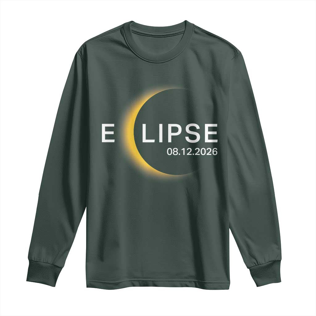 Minimalist 2026 Total Solar Eclipse Long Sleeve Shirt August 12 Totality Astronomy Souvenir TS02 Dark Forest Green Print Your Wear