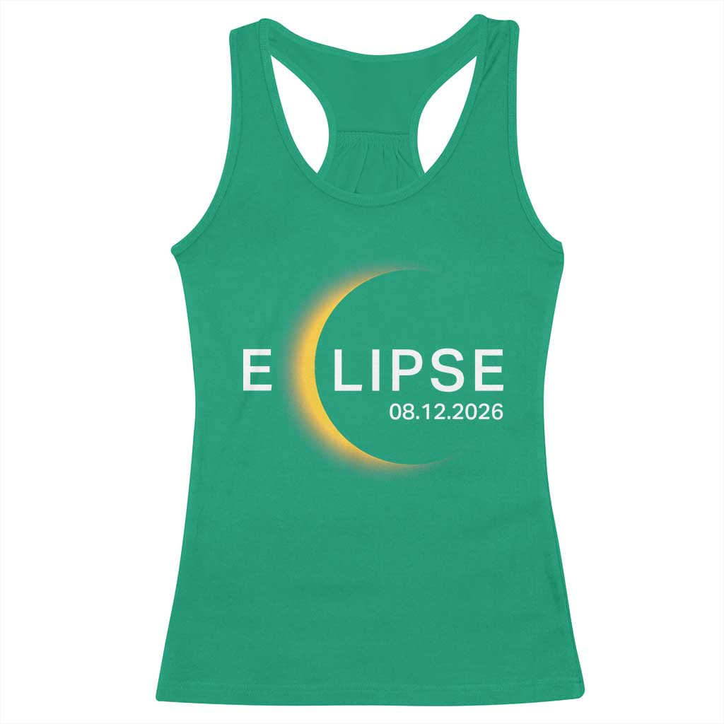 Minimalist 2026 Total Solar Eclipse Racerback Tank Top August 12 Totality Astronomy Souvenir TS02 Irish Green Print Your Wear