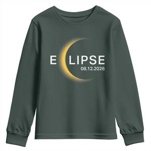 Minimalist 2026 Total Solar Eclipse Youth Sweatshirt August 12 Totality Astronomy Souvenir TS02 Dark Forest Green Print Your Wear