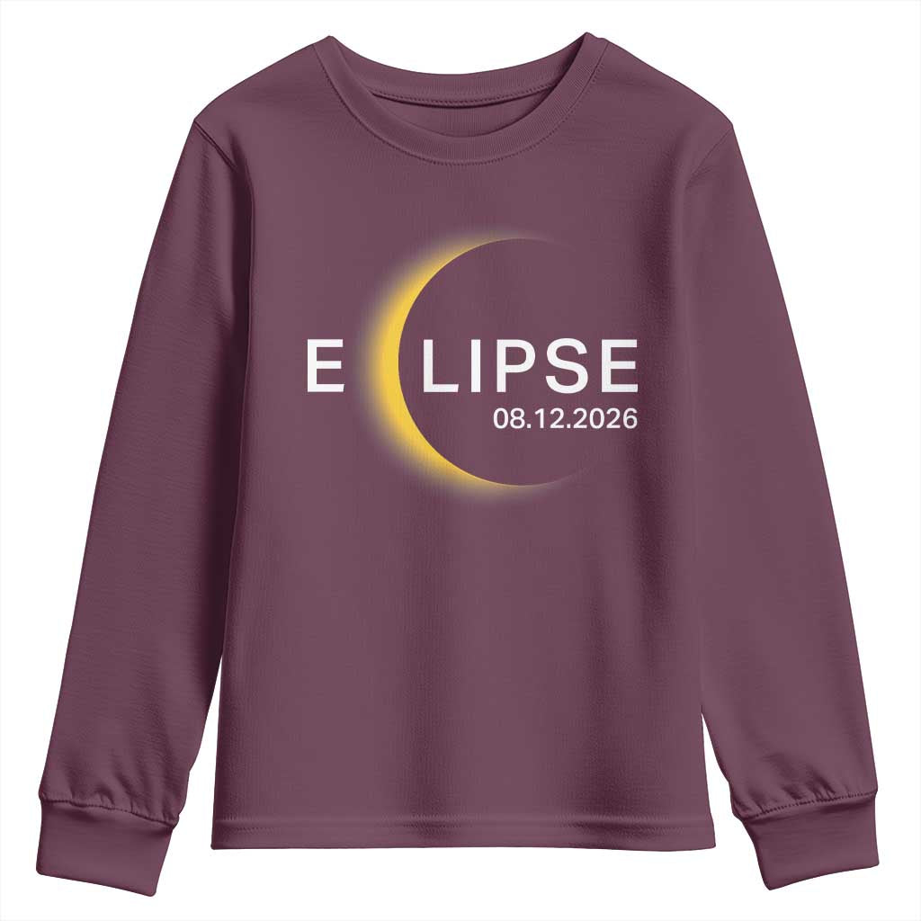 Minimalist 2026 Total Solar Eclipse Youth Sweatshirt August 12 Totality Astronomy Souvenir TS02 Maroon Print Your Wear