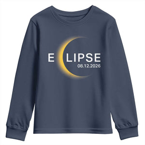 Minimalist 2026 Total Solar Eclipse Youth Sweatshirt August 12 Totality Astronomy Souvenir TS02 Navy Print Your Wear