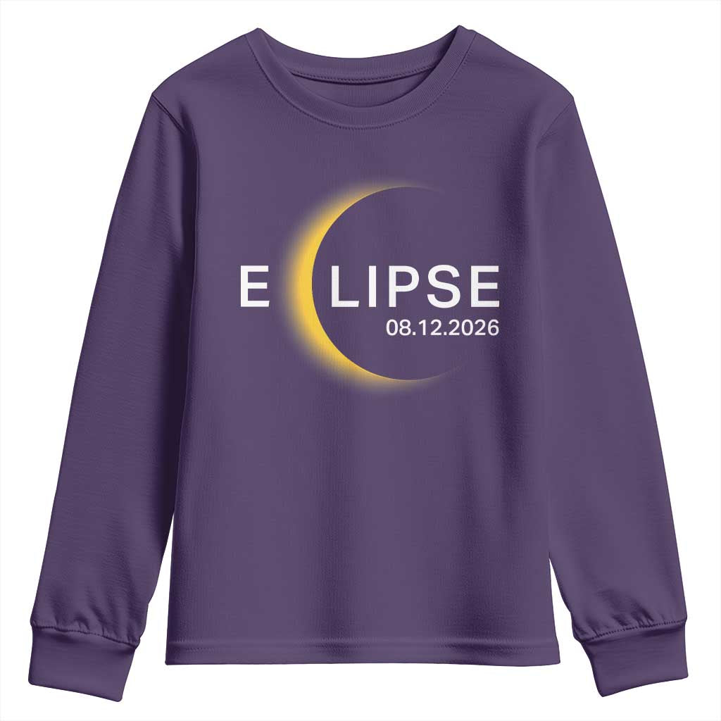 Minimalist 2026 Total Solar Eclipse Youth Sweatshirt August 12 Totality Astronomy Souvenir TS02 Purple Print Your Wear