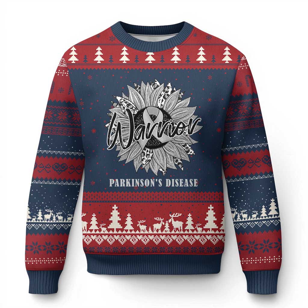 Parkinson's Warrior Ugly Christmas Sweater Silver Ribbon Sunflower Support Awareness TS02 Navy Red Print Your Wear