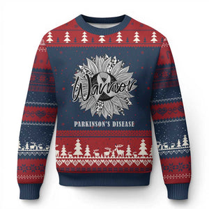 Parkinson's Warrior Ugly Christmas Sweater Silver Ribbon Sunflower Support Awareness TS02 Navy Red Print Your Wear