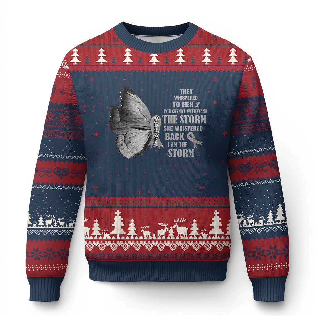 Parkinson's Awareness Ugly Christmas Sweater She Whispered Back I Am The Storm Support Squad TS02 Navy Red Print Your Wear