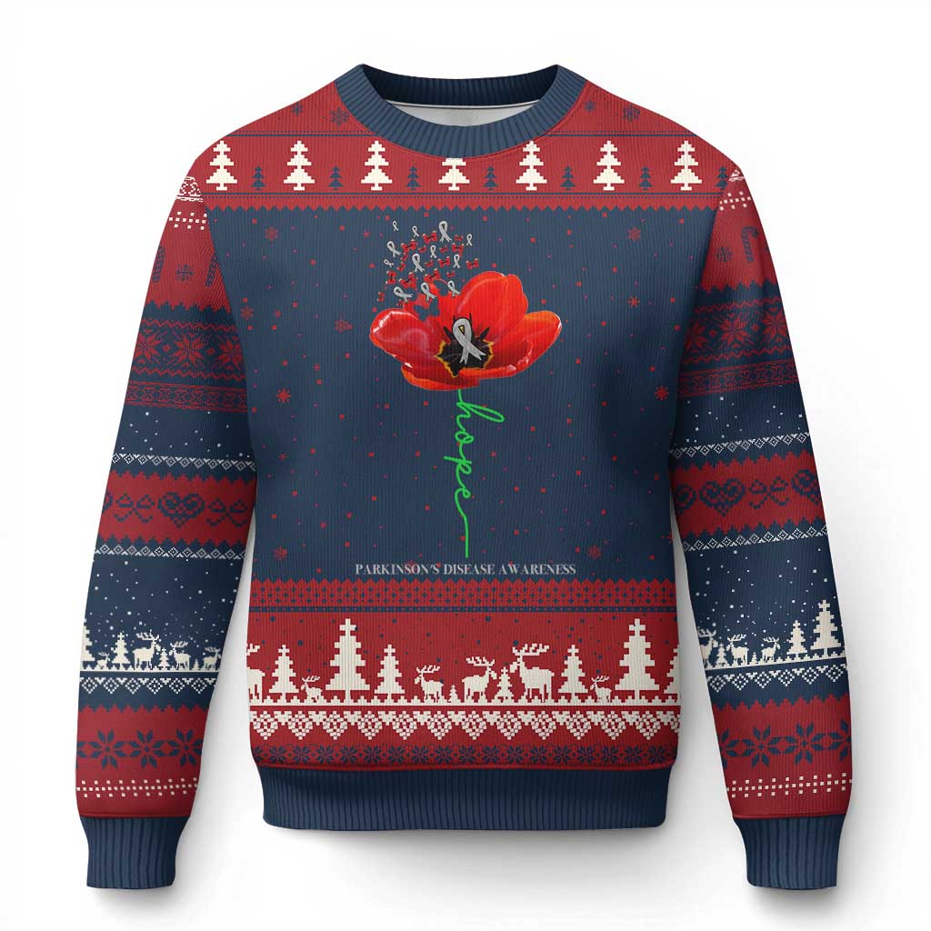 Parkinson's Awareness Ugly Christmas Sweater Faith Hope Tulips Support Parkinsons Warrior TS02 Navy Red Print Your Wear