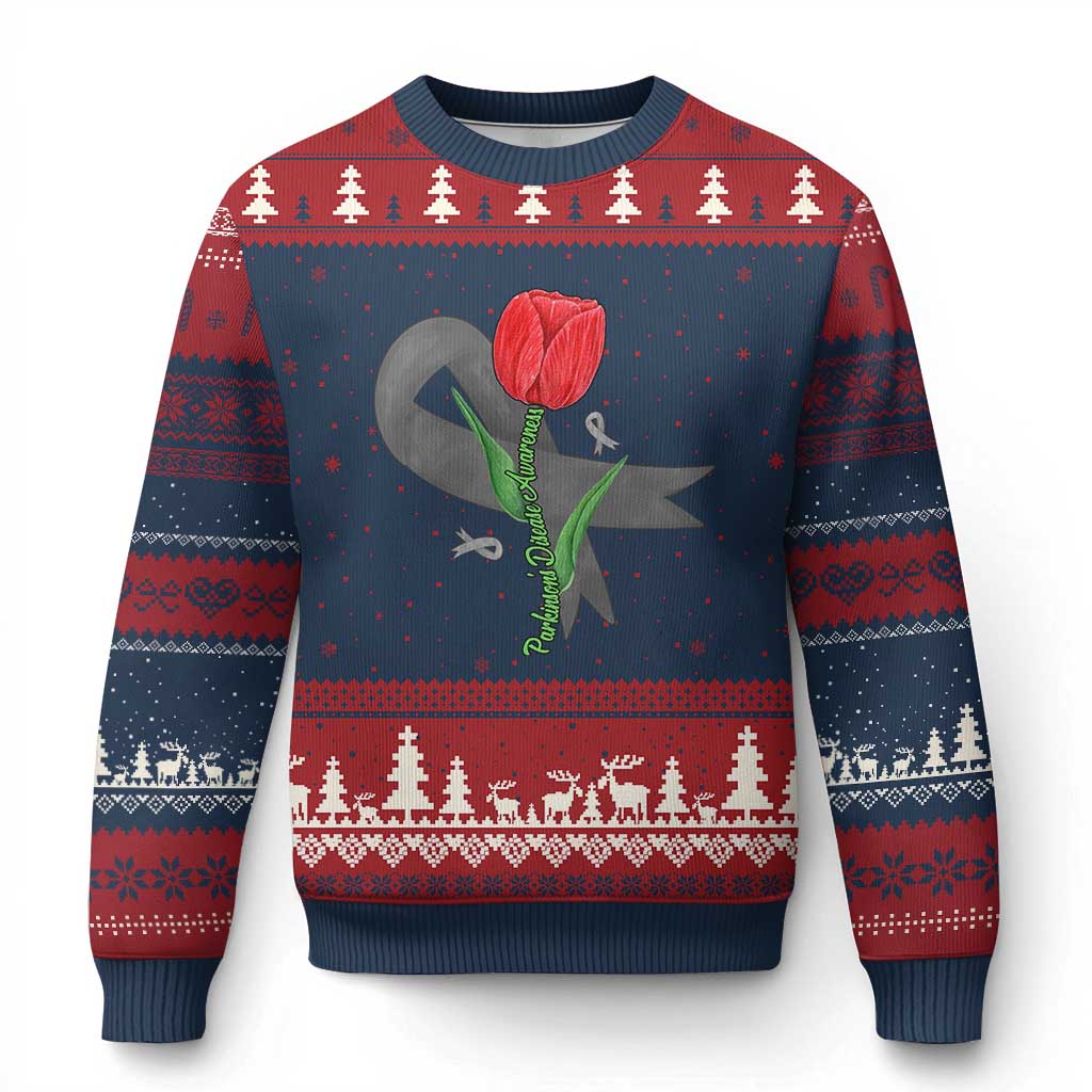 Parkinson's Awareness Ugly Christmas Sweater Gray Ribbon Tulips Support Parkinsons Warrior TS02 Navy Red Print Your Wear