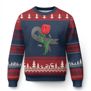 Parkinson's Awareness Ugly Christmas Sweater Gray Ribbon Tulips Support Parkinsons Warrior TS02 Navy Red Print Your Wear