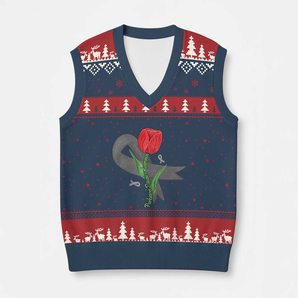 Parkinson's Awareness V-Neck Knit Sweater Vest Gray Ribbon Tulips Support Parkinsons Warrior TS02 Navy Red Print Your Wear