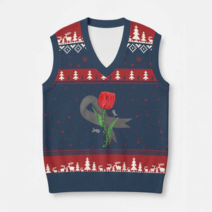 Parkinson's Awareness V-Neck Knit Sweater Vest Gray Ribbon Tulips Support Parkinsons Warrior TS02 Navy Red Print Your Wear
