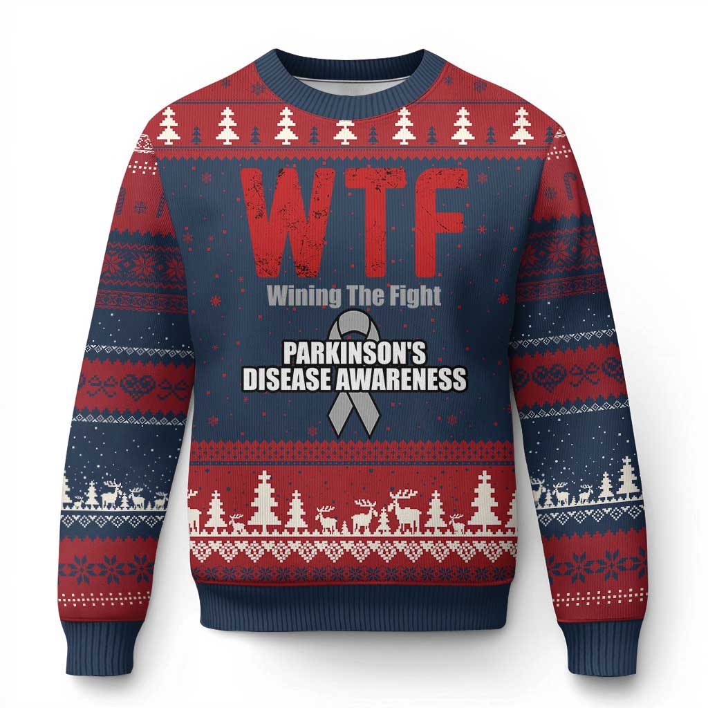Parkinson's Awareness Ugly Christmas Sweater WTF Winning The Fight Gray Ribbon Support Parkinsons Warriror TS02 Navy Red Print Your Wear
