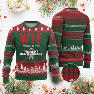 Parkinson's Awareness Ugly Christmas Sweater WTF Winning The Fight Gray Ribbon Support Parkinsons Warriror TS02 Red Green Print Your Wear