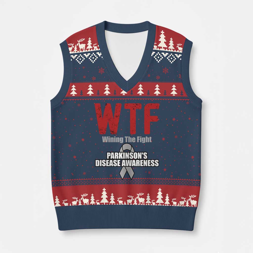 Parkinson's Awareness V-Neck Knit Sweater Vest WTF Winning The Fight Gray Ribbon Support Parkinsons Warriror TS02 Navy Red Print Your Wear