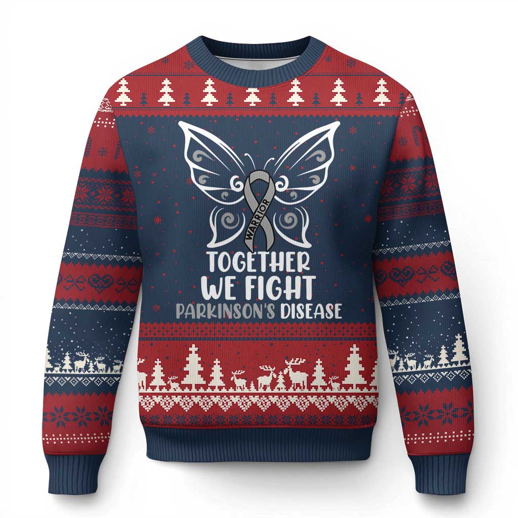 Parkinson's Awareness Ugly Christmas Sweater We Fight Together Support Squad Gray Ribbon Butterfly TS02 Navy Red Print Your Wear