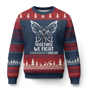 Parkinson's Awareness Ugly Christmas Sweater We Fight Together Support Squad Gray Ribbon Butterfly TS02 Navy Red Print Your Wear