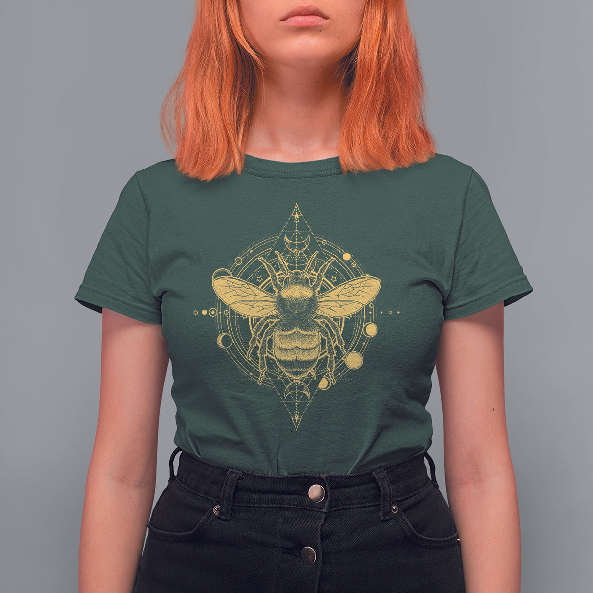 Celestial Entomology Bumblebee T Shirt For Women Spiritual Bee Lover Geometric TS02 Dark Forest Green Printyourwear
