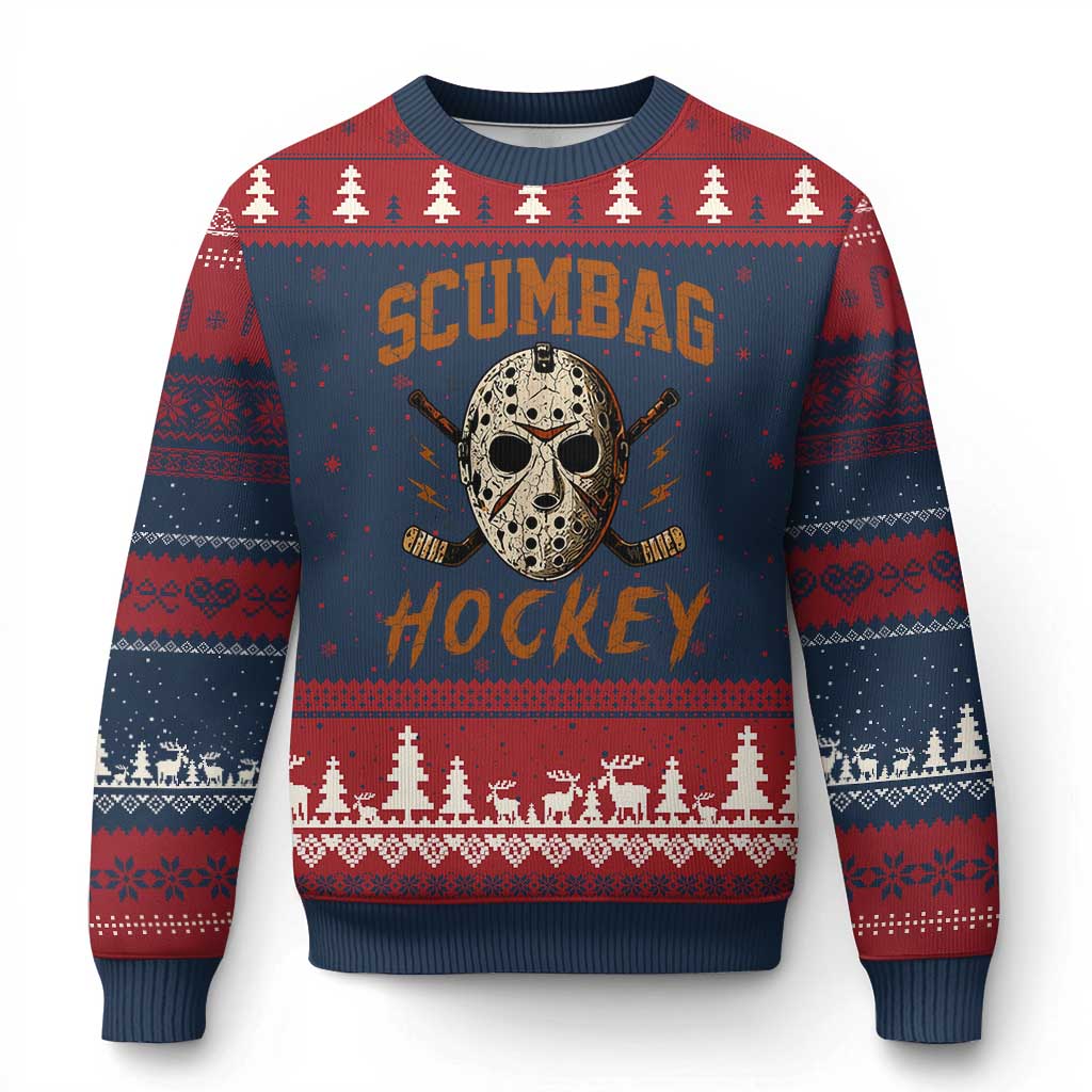 Scumbag Hockey Goalie Mask Distressed Sports Graphic Ugly Christmas Sweater TS02 Navy Red Print Your Wear