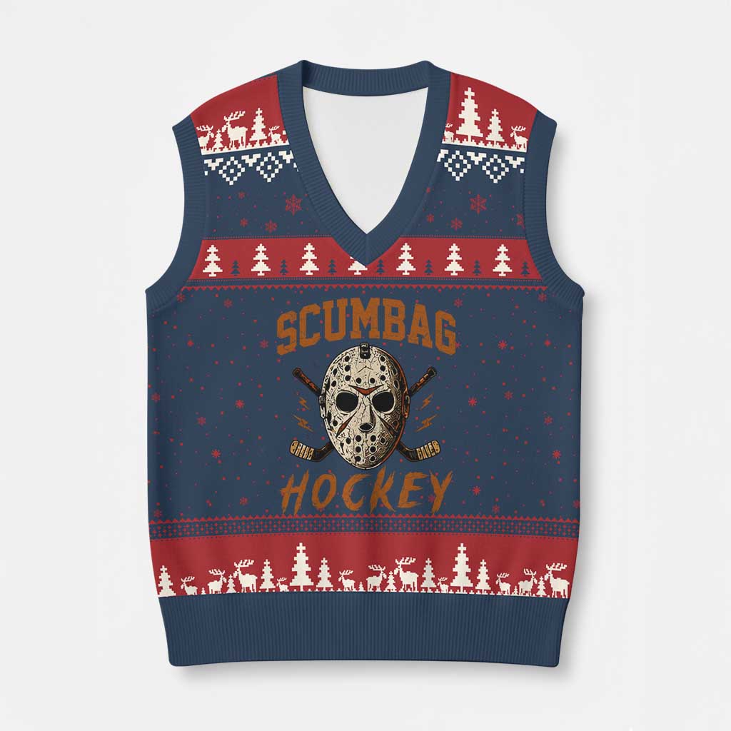 Scumbag Hockey Goalie Mask Distressed Sports Graphic V-Neck Knit Sweater Vest TS02 Navy Red Print Your Wear