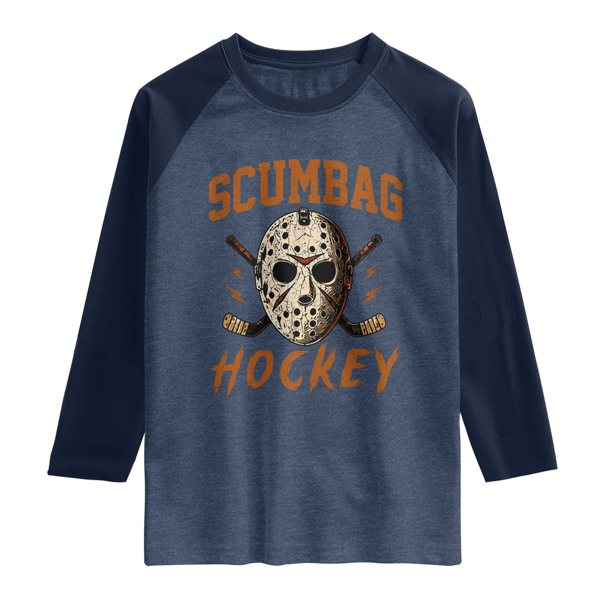 Scumbag Hockey Goalie Mask Distressed Sports Graphic Raglan Shirt TS02 Heather Denim Navy Print Your Wear