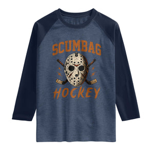 Scumbag Hockey Goalie Mask Distressed Sports Graphic Raglan Shirt TS02 Heather Denim Navy Print Your Wear