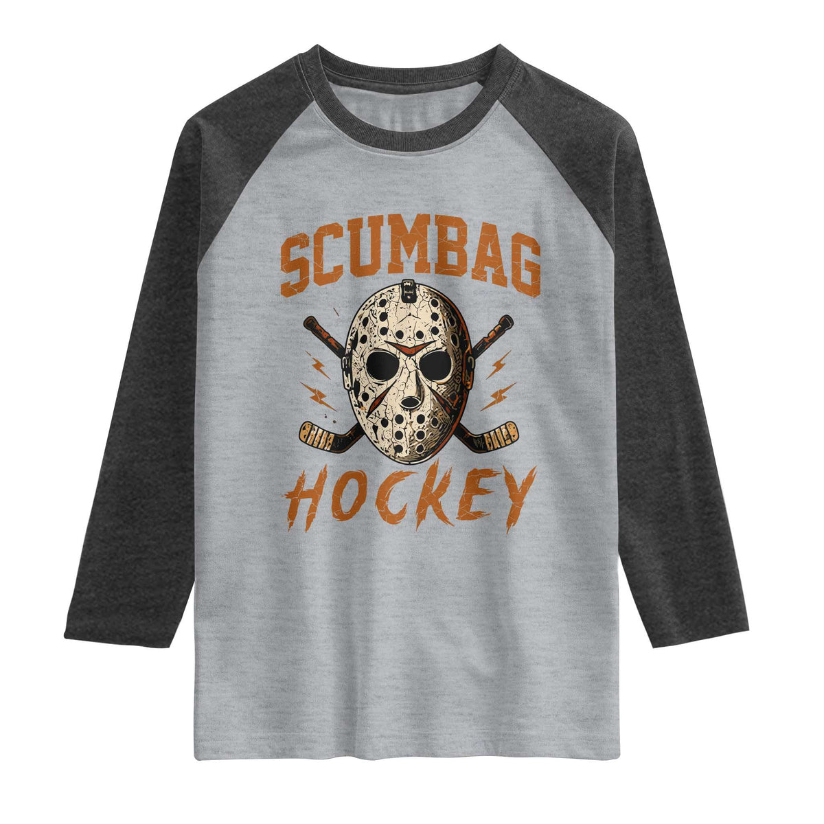 Scumbag Hockey Goalie Mask Distressed Sports Graphic Raglan Shirt TS02 Heather Gray Heather Charcoal Print Your Wear