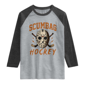 Scumbag Hockey Goalie Mask Distressed Sports Graphic Raglan Shirt TS02 Heather Gray Heather Charcoal Print Your Wear