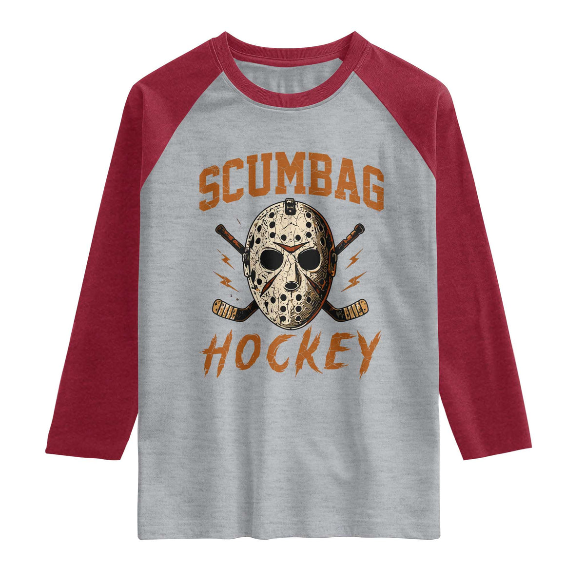 Scumbag Hockey Goalie Mask Distressed Sports Graphic Raglan Shirt TS02 Heather Gray Heather Red Print Your Wear