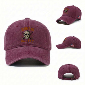 Scumbag Hockey Goalie Mask Distressed Sports Graphic Washed Cotton Baseball Cap TS02 Washed Cap Universal Fit Burgundy Print Your Wear