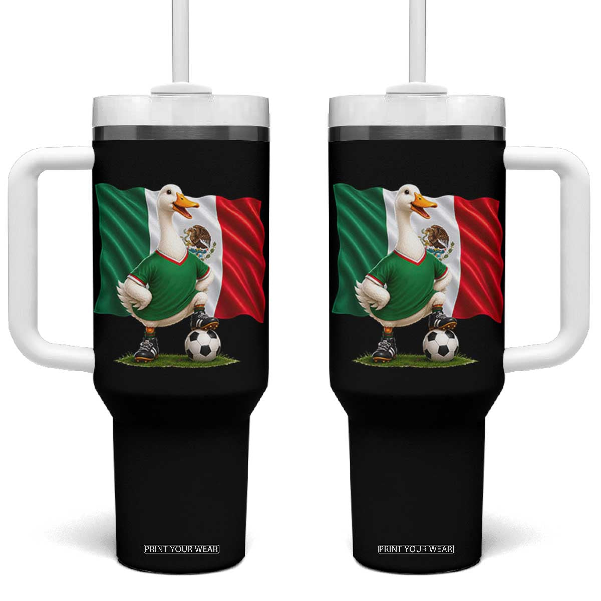Merlin the Duck Mexico Flag Soccer Player Tumbler With Handle Mexican Pride Football Fans TS02 One Size: 40 oz Black Print Your Wear
