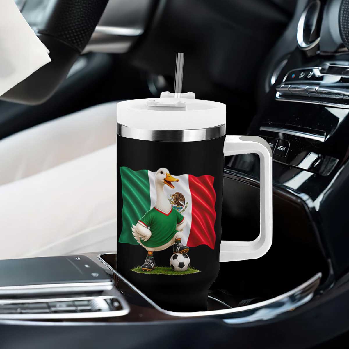 Merlin the Duck Mexico Flag Soccer Player Tumbler With Handle Mexican Pride Football Fans