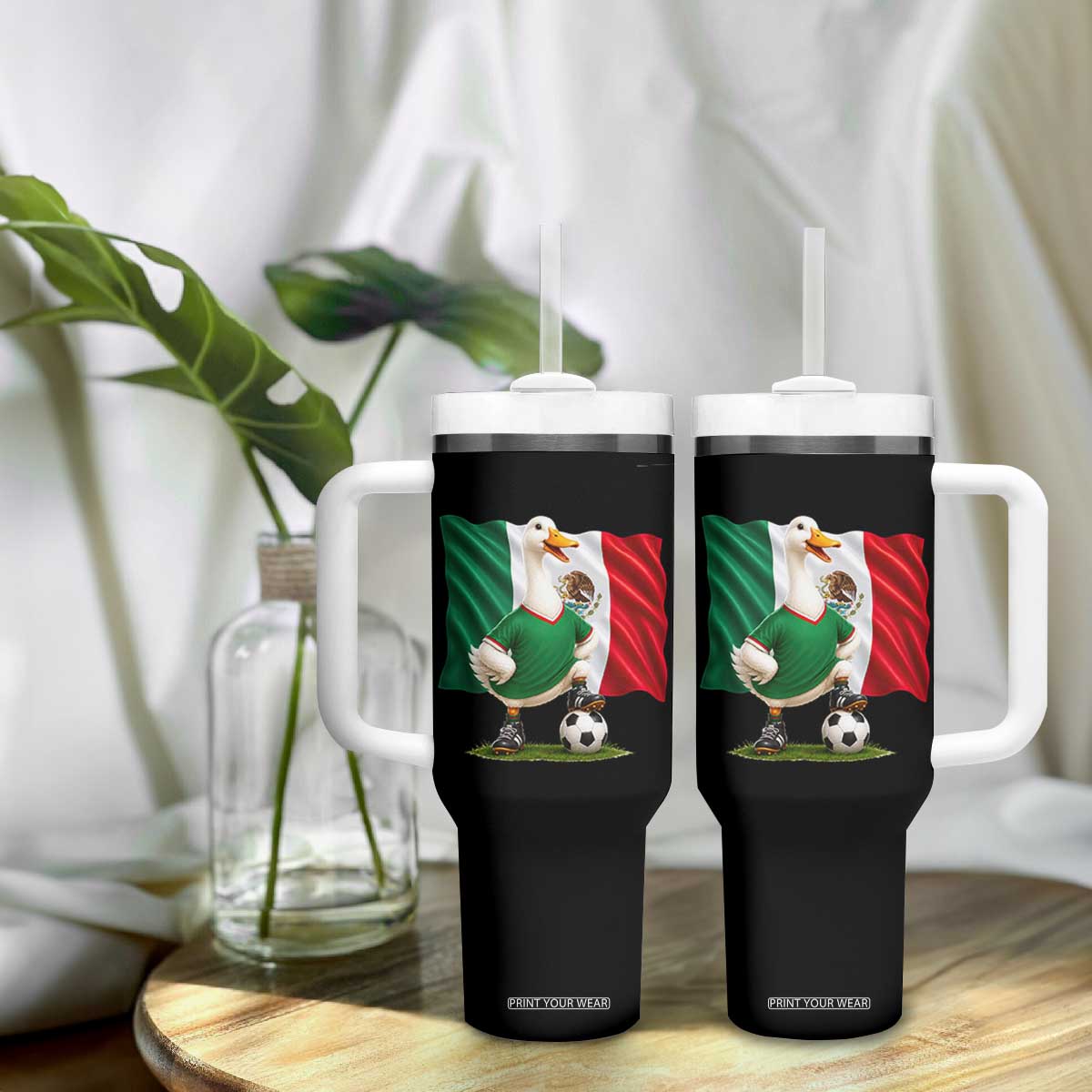 Merlin the Duck Mexico Flag Soccer Player Tumbler With Handle Mexican Pride Football Fans