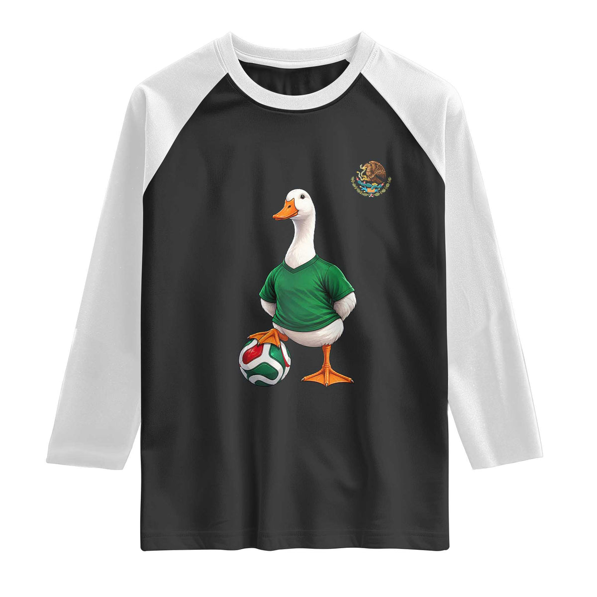 Merlin the Duck Soccer Player Mexico Fans Raglan Shirt Mexican Sports Futbol Lovers Viral Animal in Green Jersey Graphic