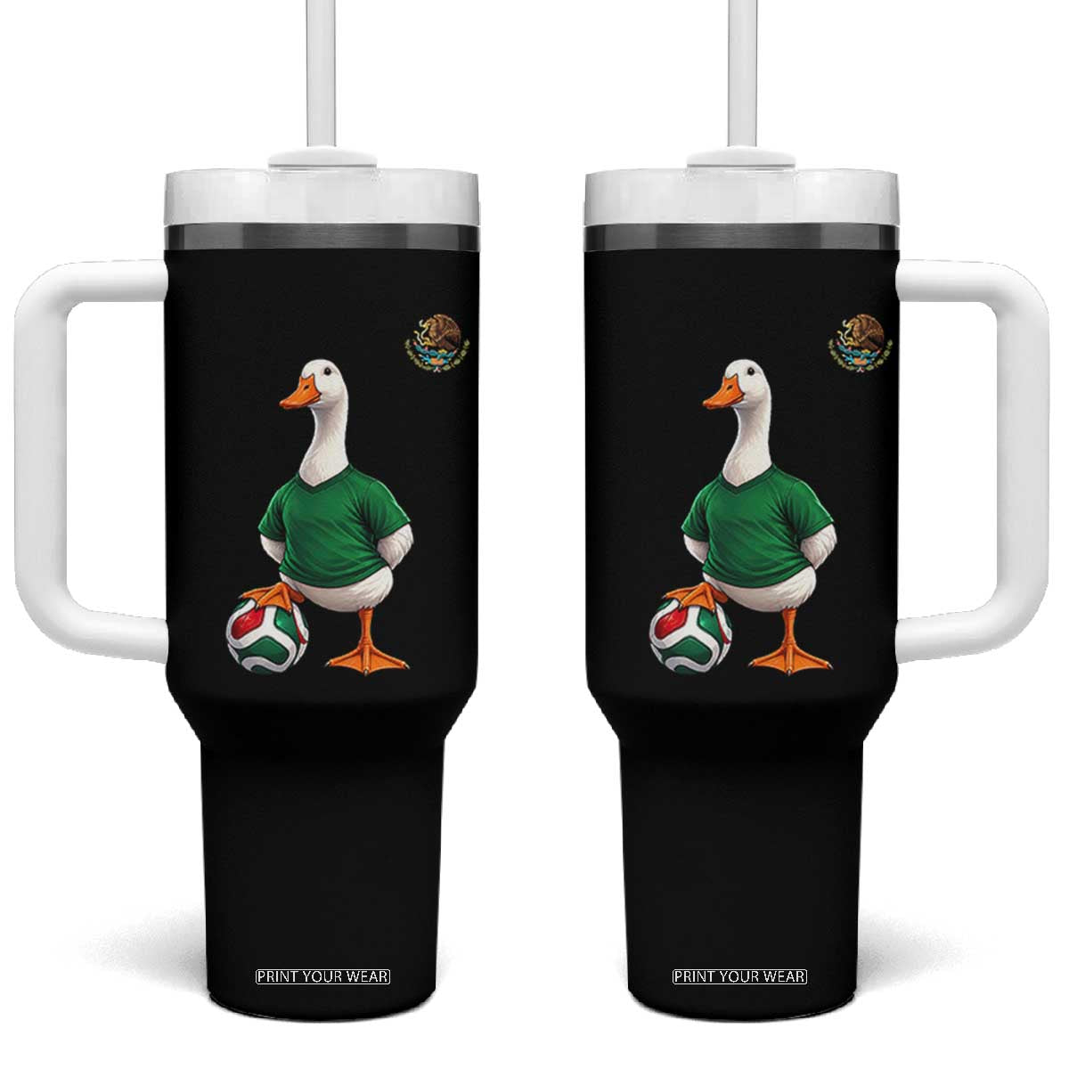Merlin the Duck Soccer Player Mexico Fans Tumbler With Handle Mexican Sports Futbol Lovers Viral Animal in Green Jersey Graphic