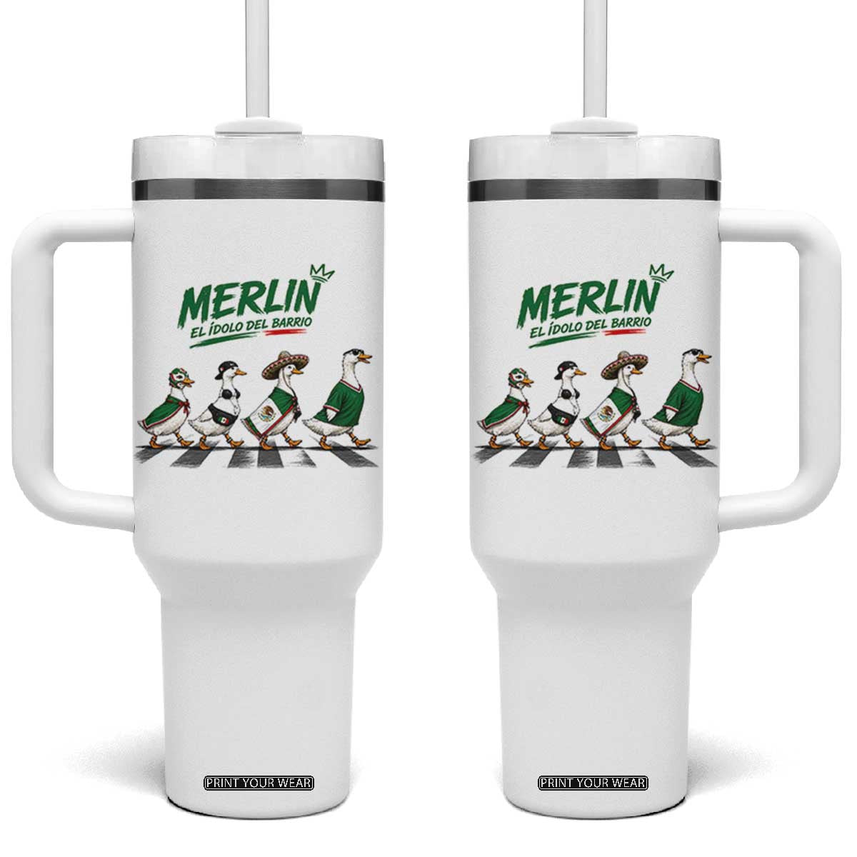Merlin the Ducks Crosswalk Walk Parody Tumbler With Handle El Idolo Del Barrio Mexico Duck Soccer Football Fans