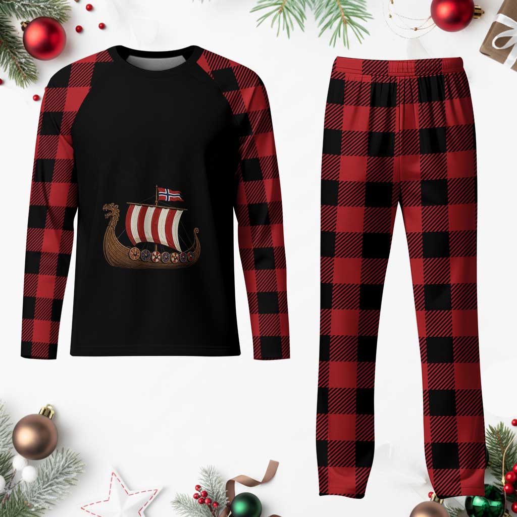 Funny Norwegian Viking Longship Ro Ro Plaid Pajama Set Retro Norge Norway Flag Football Fans TS02 Buffalo Plaid Print Your Wear