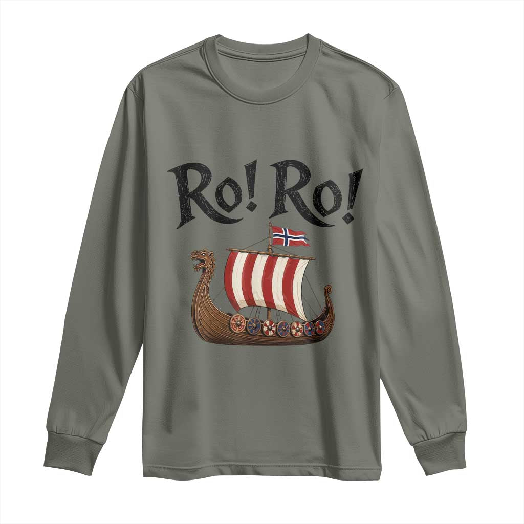 Funny Norwegian Viking Longship Ro Ro Long Sleeve Shirt Retro Norge Norway Flag Football Fans TS02 Military Green Print Your Wear