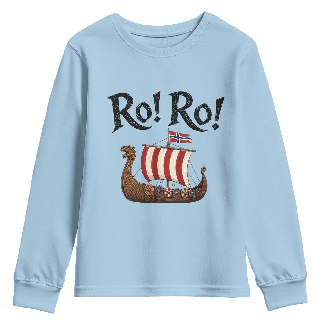 Funny Norwegian Viking Longship Ro Ro Youth Sweatshirt Retro Norge Norway Flag Football Fans TS02 Light Blue Print Your Wear